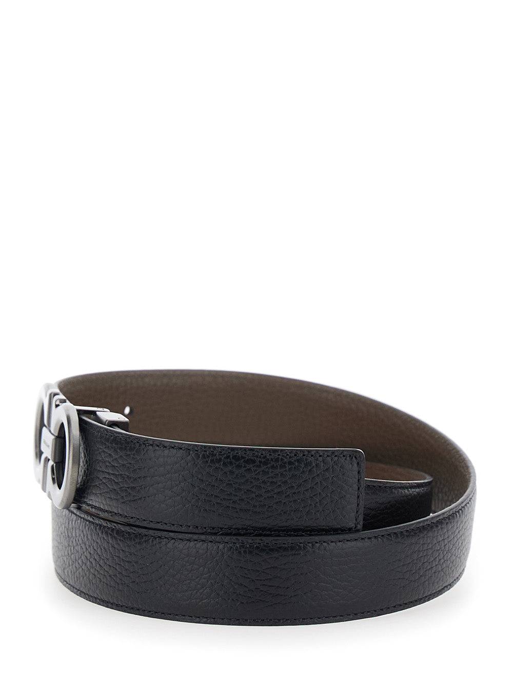 Ferragamo Men Reversible Belt With Gancini Buckle In Grained Black Leather For Men