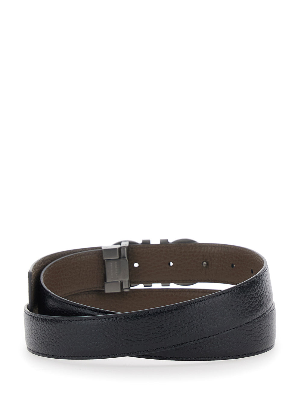Ferragamo Men Reversible Belt With Gancini Buckle In Grained Black Leather For Men