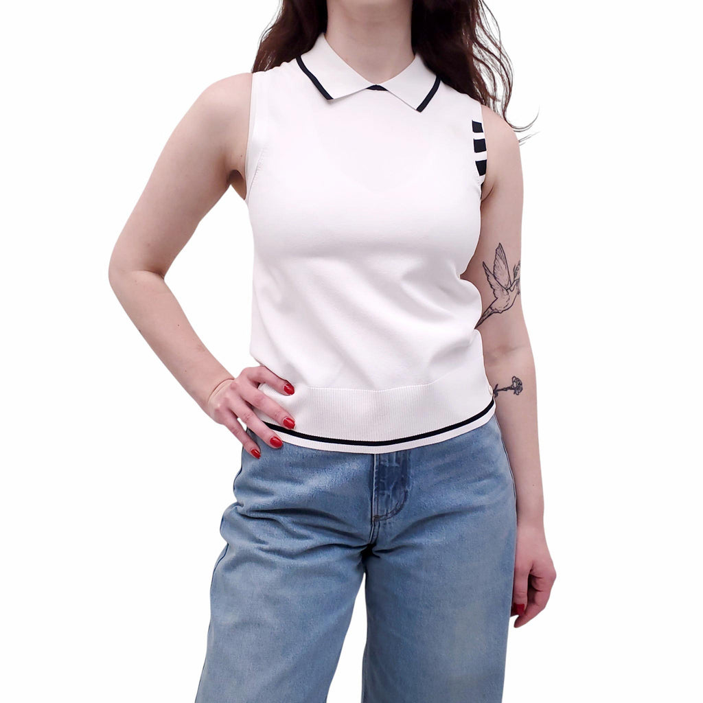 THOM BROWNE WHITE SLEEVELESS POLO TOP - SIZE 40