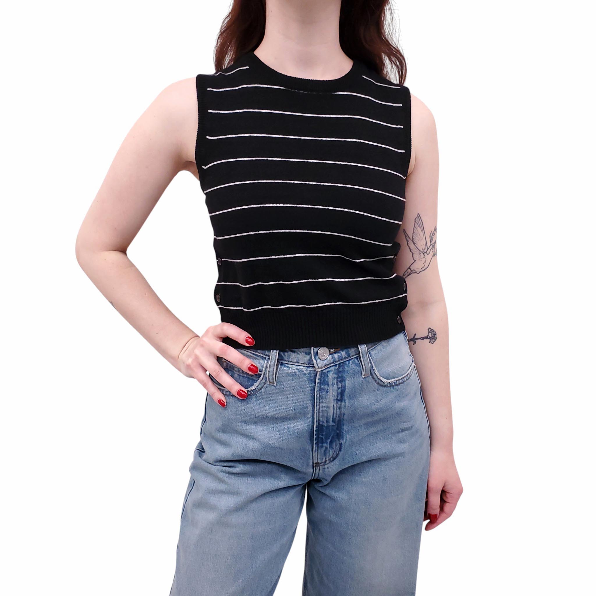 THOM BROWNE BLACK PINSTRIPE CROPPED CASHMERE SWEATER VEST - SIZE 38