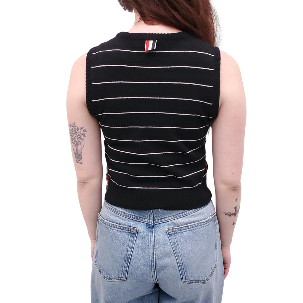 THOM BROWNE BLACK PINSTRIPE CROPPED CASHMERE SWEATER VEST - SIZE 38