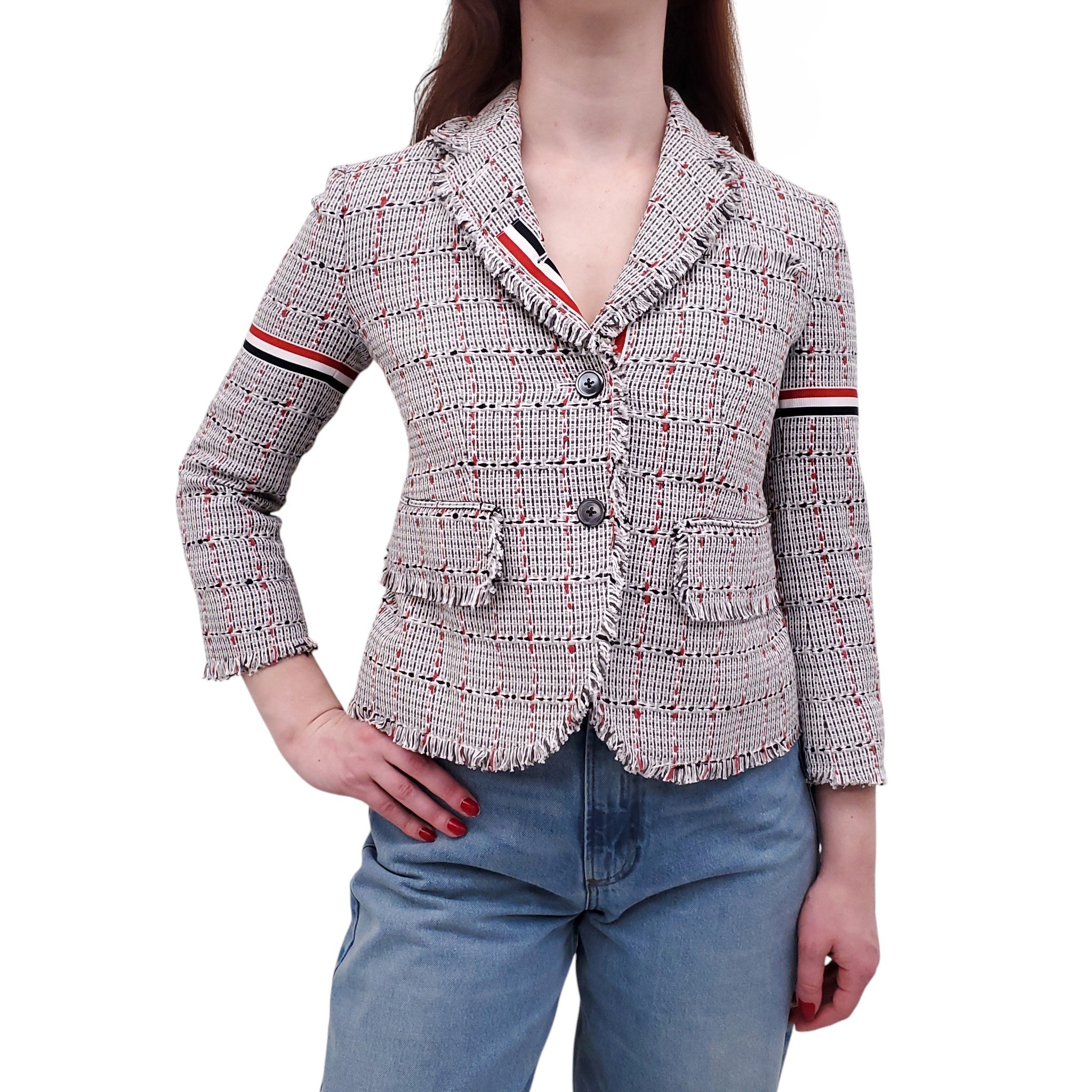 THOM BROWNE GREY FRAYED COTTON TWEED SPORT COAT WITH ARMBAND DETAILS - SIZE 36
