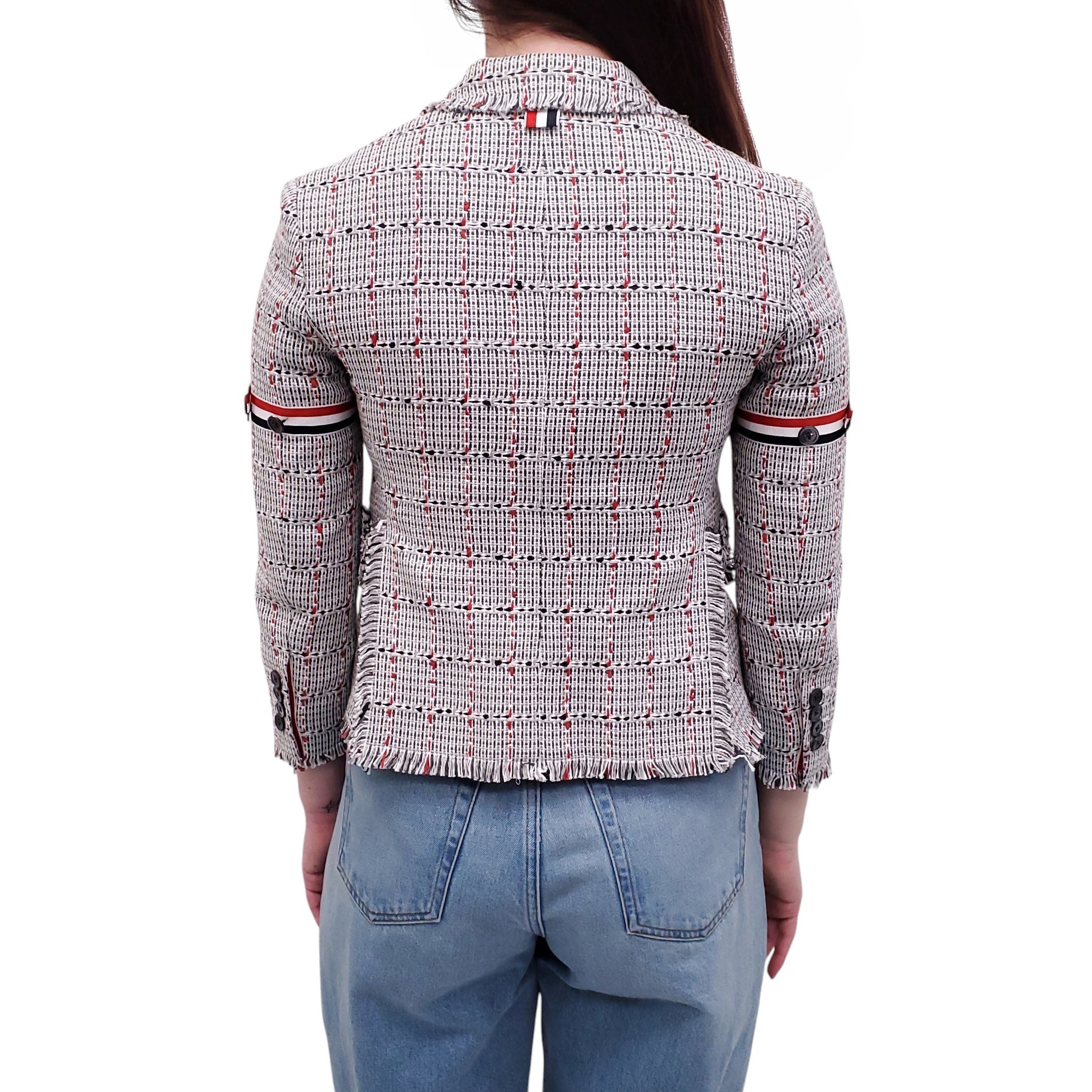 THOM BROWNE GREY FRAYED COTTON TWEED SPORT COAT WITH ARMBAND DETAILS - SIZE 36