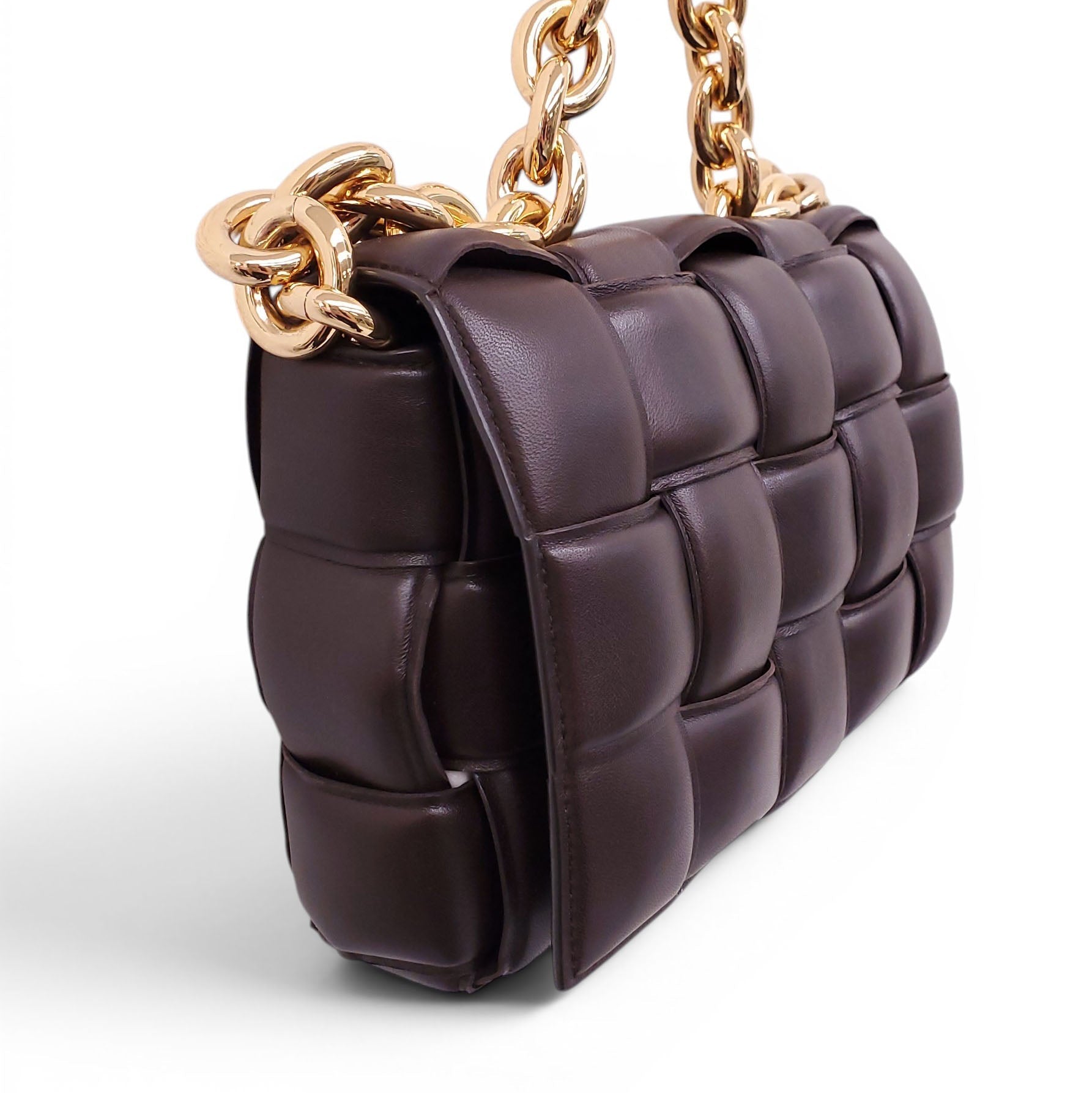 BOTTEGA VENETA BROWN LEATHER PADDED CASSETTE BAG WITH GOLD CHAIN