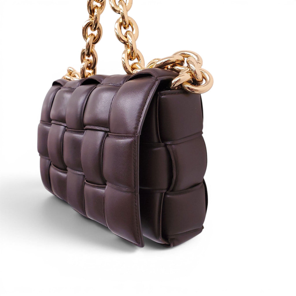 BOTTEGA VENETA BROWN LEATHER PADDED CASSETTE BAG WITH GOLD CHAIN