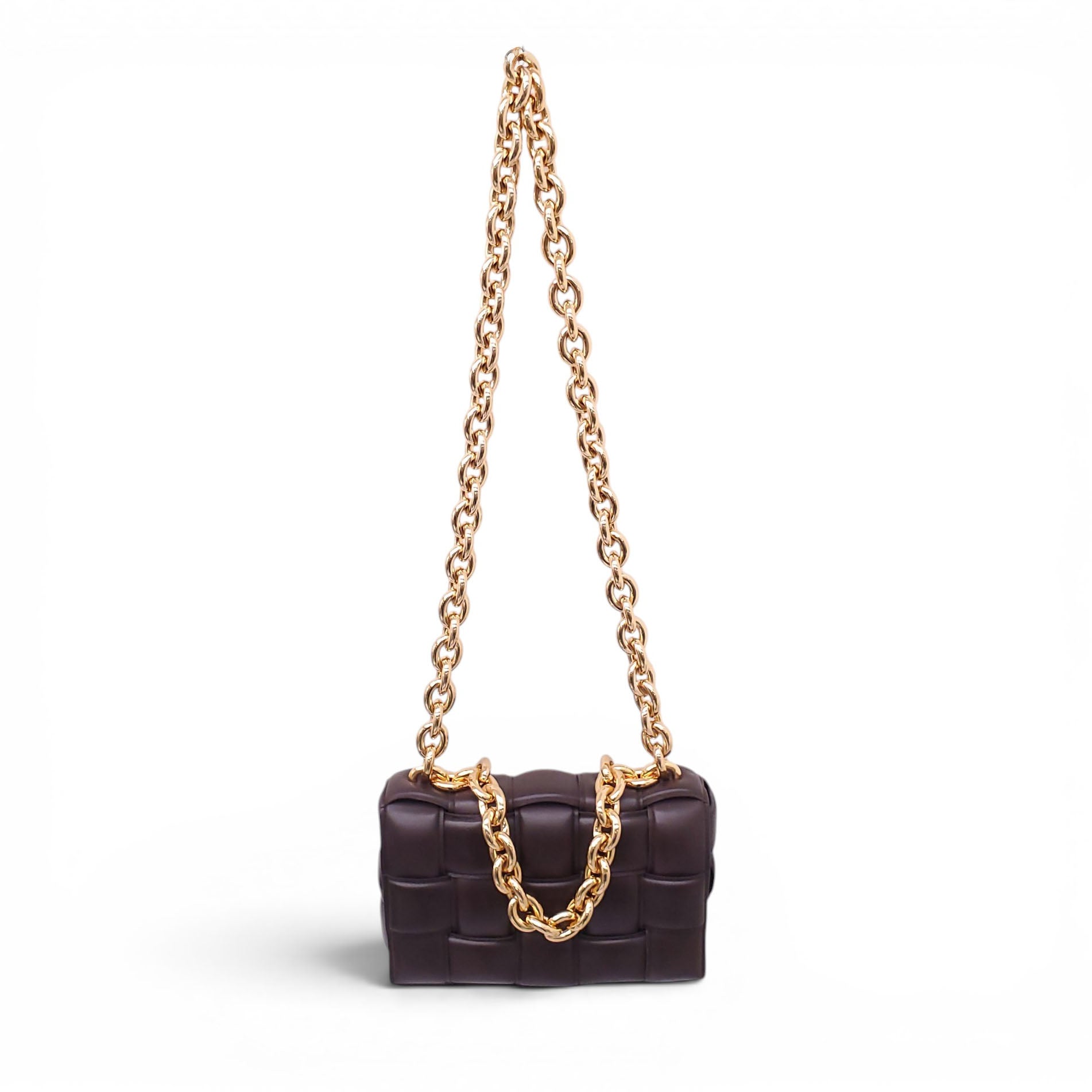 BOTTEGA VENETA BROWN LEATHER PADDED CASSETTE BAG WITH GOLD CHAIN