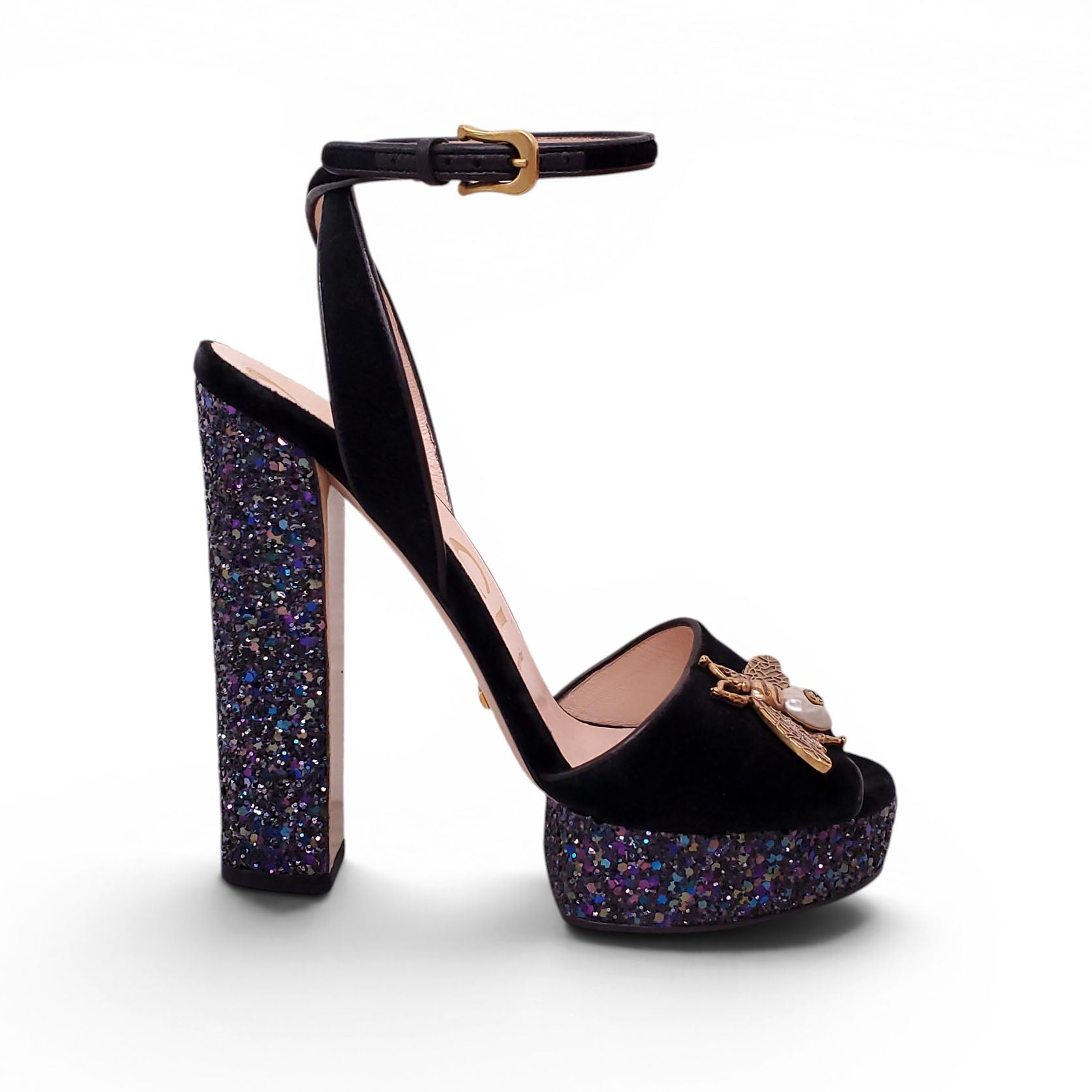 GUCCI BLACK SUEDE PLATFORM HEELS WITH BEE EMBLEM AND GLITTER DETAILS - SIZE 38.5 