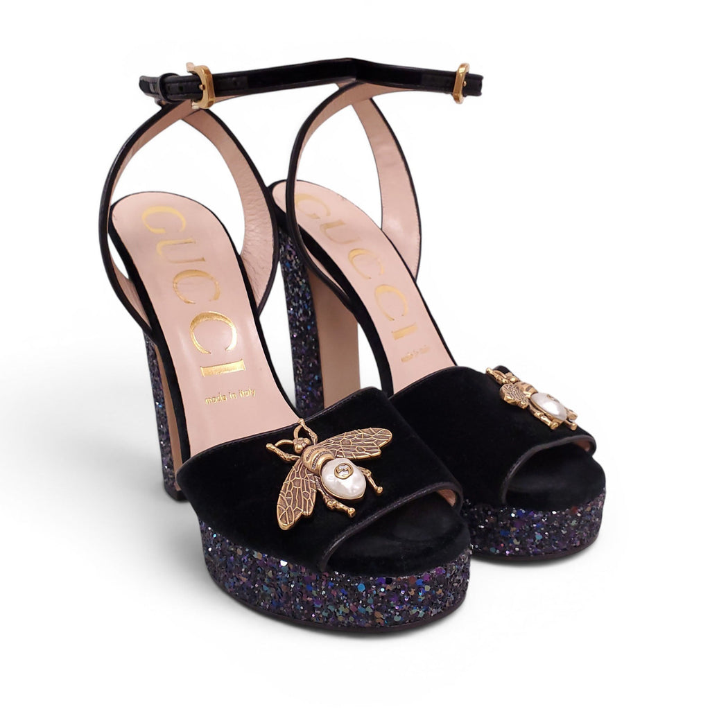GUCCI BLACK SUEDE PLATFORM HEELS WITH BEE EMBLEM AND GLITTER DETAILS - SIZE 38.5 