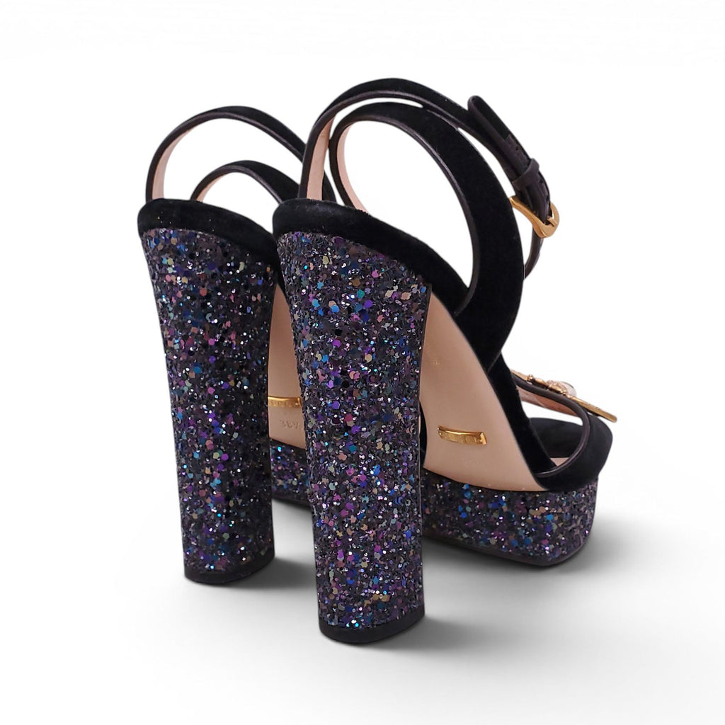 GUCCI BLACK SUEDE PLATFORM HEELS WITH BEE EMBLEM AND GLITTER DETAILS - SIZE 38.5 