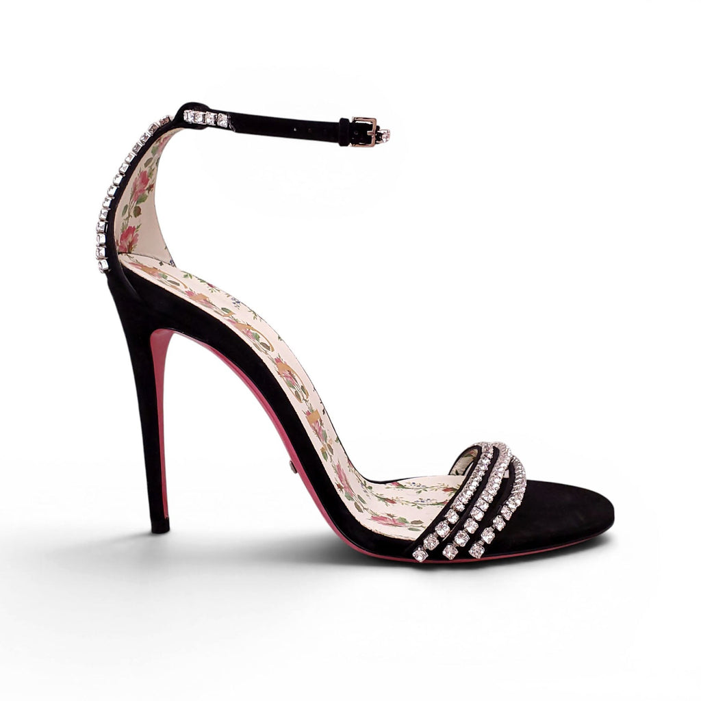 GUCCI BLACK SUEDE AND CRYSTAL SANDAL HEELS - SIZE 38.5