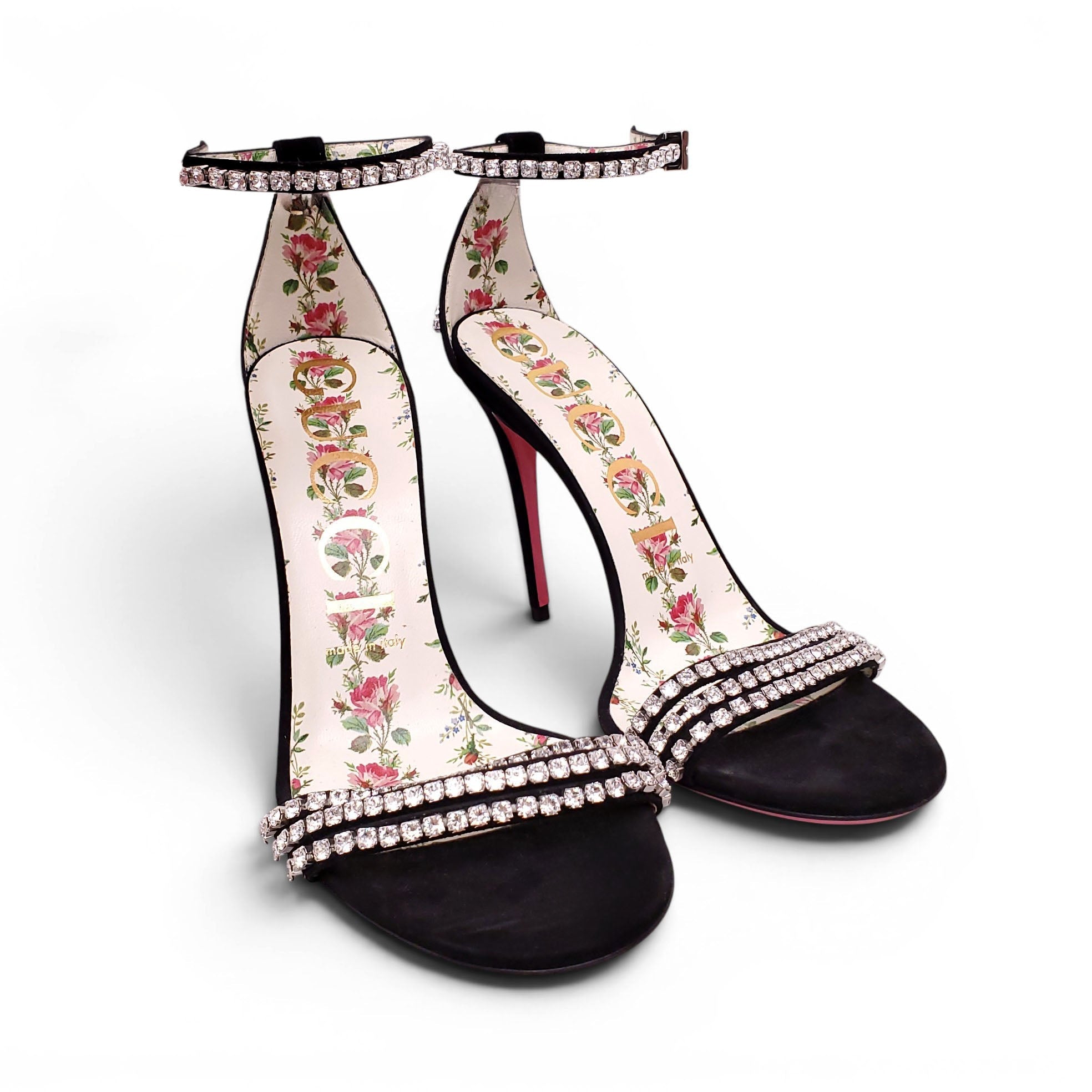 GUCCI BLACK SUEDE AND CRYSTAL SANDAL HEELS - SIZE 38.5