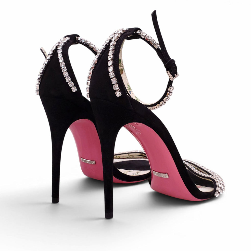 GUCCI BLACK SUEDE AND CRYSTAL SANDAL HEELS - SIZE 38.5