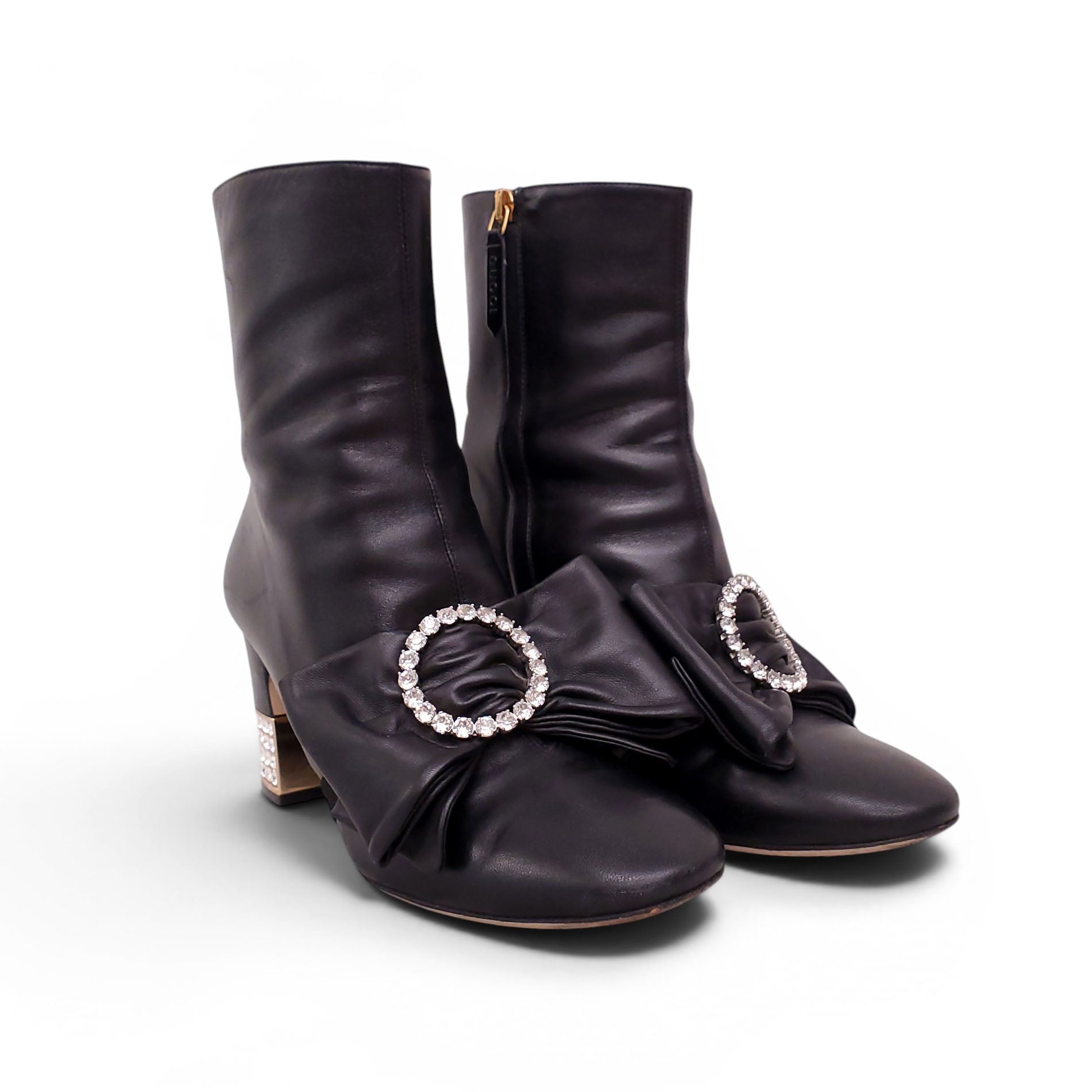 GUCCI BLACK LEATHER AND CRYSTAL BOOTIES - SIZE 39