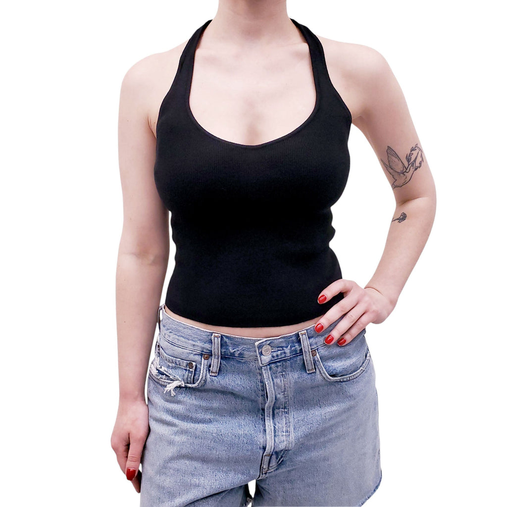 FRANKIES BIKINIS BLACK KNIT HALTER TOP - SIZE L