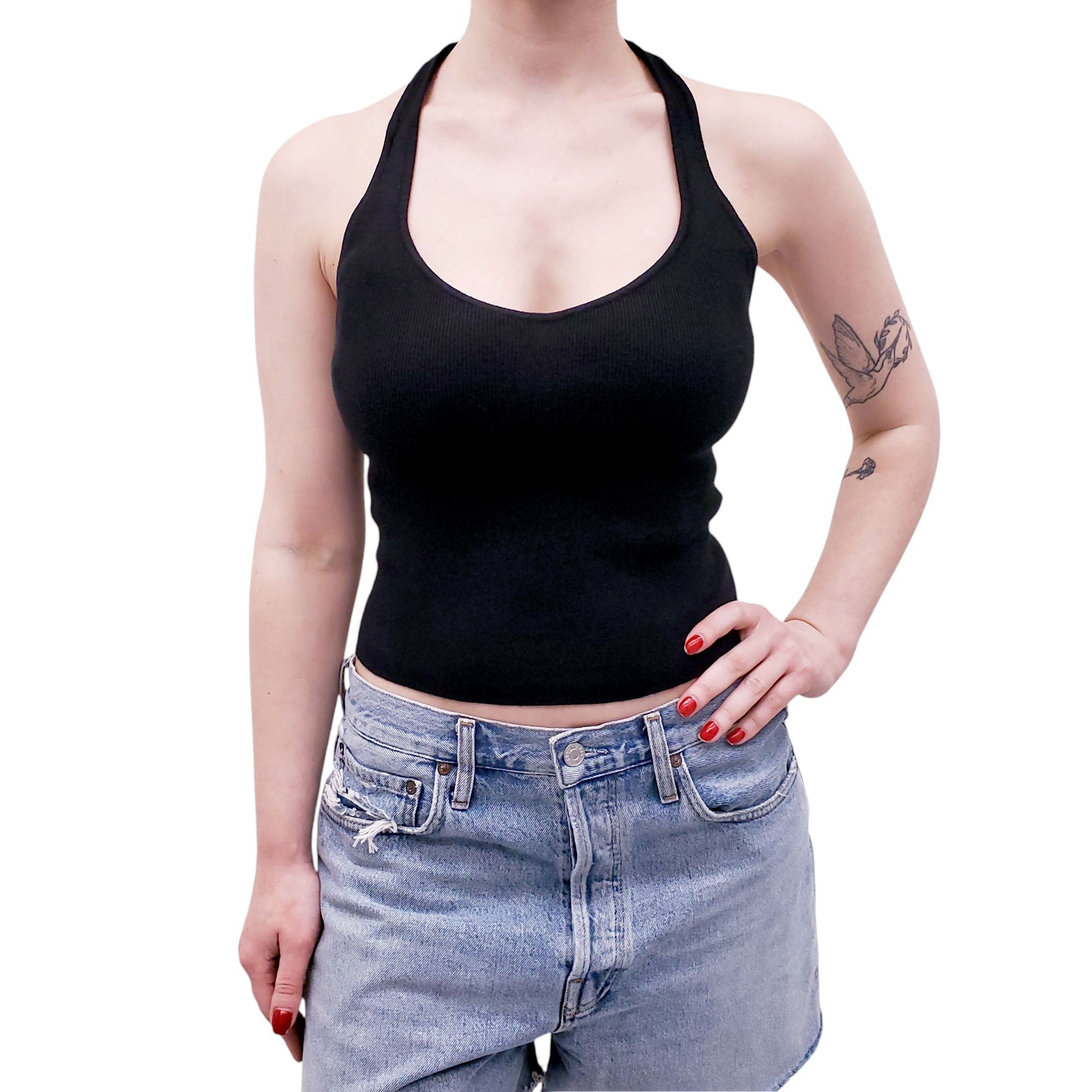 FRANKIES BIKINIS BLACK KNIT HALTER TOP - SIZE L