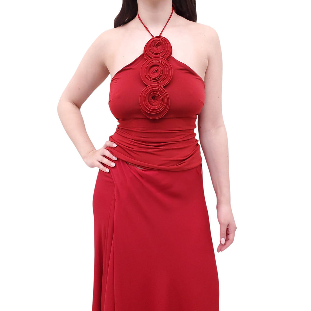 MAGDA BUTRYM RED ROSETTE HALTER TOP - SIZE 38