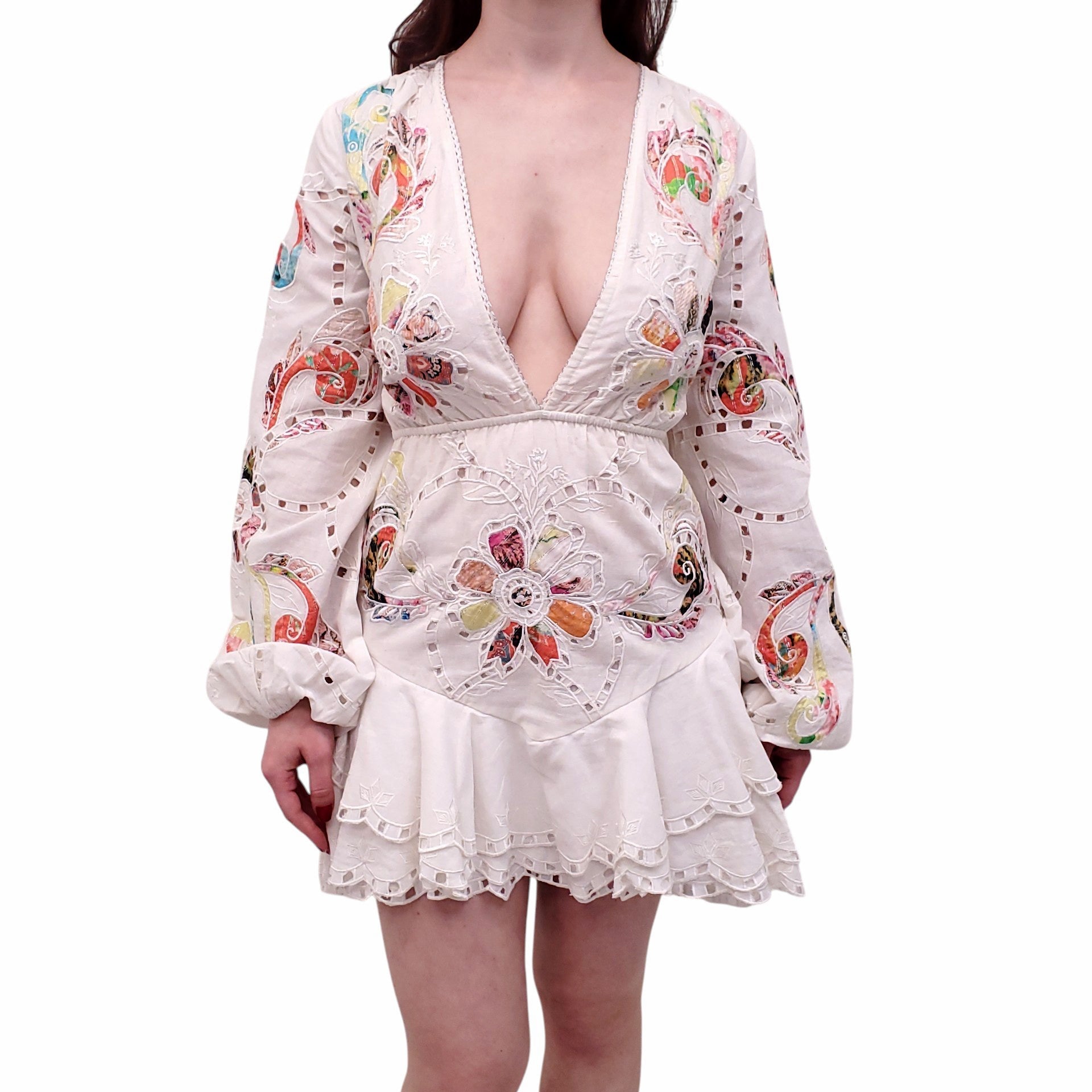 HEMANT & NANDITA WHITE EMBROIDERED EYELET DRESS - SIZE S
