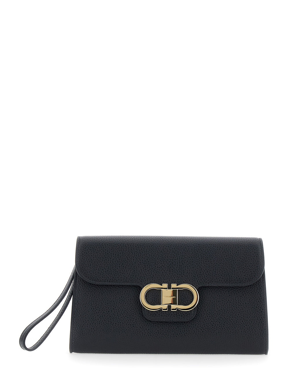 Ferragamo Women Black Clutch With Double Gancini Buckle On The Front In Grained Leather For Women