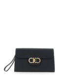 Ferragamo Women Black Clutch With Double Gancini Buckle On The Front In Grained Leather For Women