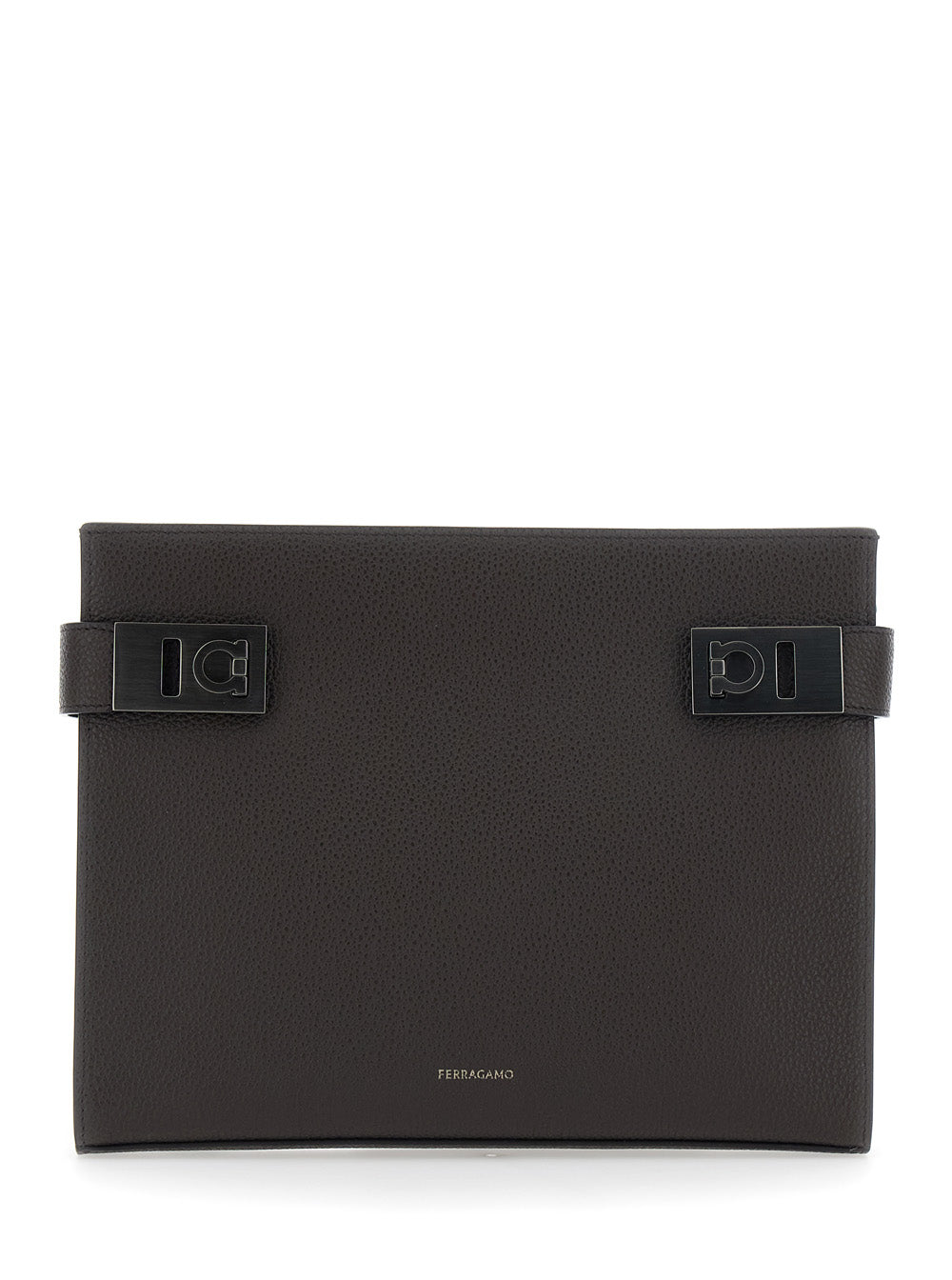 Ferragamo Men Brown Clutch With Hug Side Buckles In Leather Man