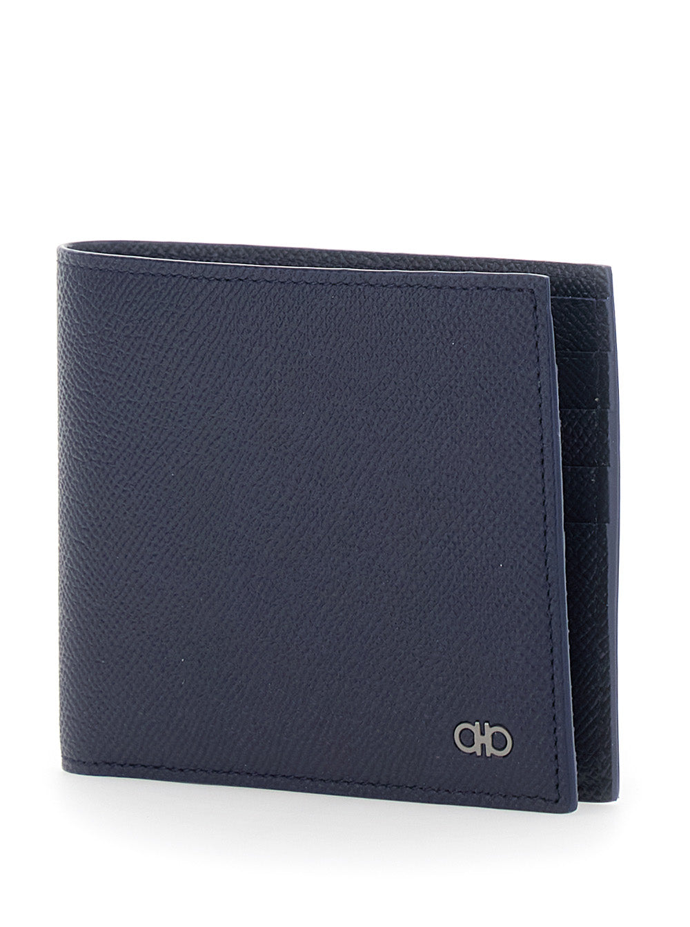 Ferragamo Men 'Micro Gancini' Blue Bi-Fold Wallet With Logo In Grained Leather Men