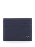 Ferragamo Men Blue Card Holder With Micro Gancini On The Front And Logo Lettering On The Back In Grained Leather For Men
