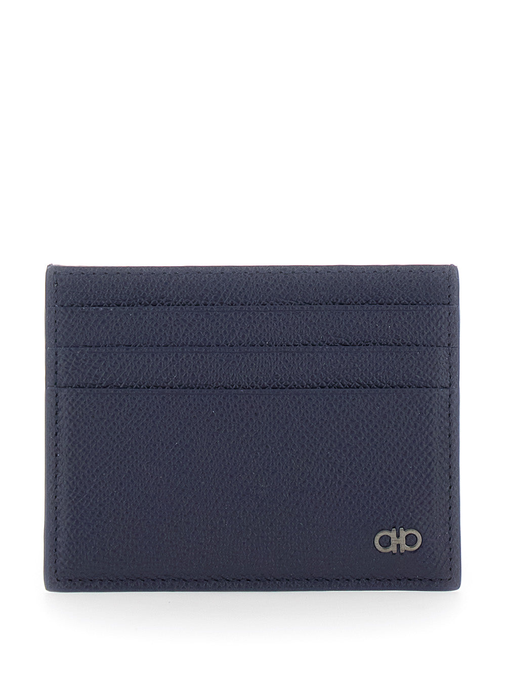 Ferragamo Men Blue Card Holder With Micro Gancini On The Front And Logo Lettering On The Back In Grained Leather For Men