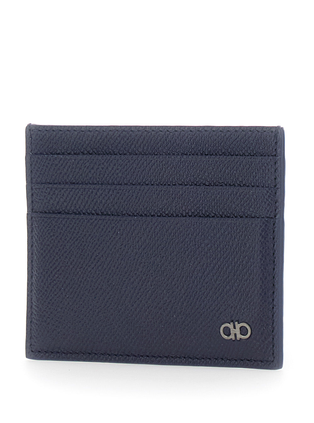 Ferragamo Men Blue Card Holder With Micro Gancini On The Front And Logo Lettering On The Back In Grained Leather For Men