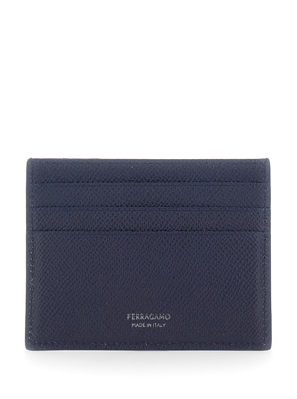 Ferragamo Men Blue Card Holder With Micro Gancini On The Front And Logo Lettering On The Back In Grained Leather For Men