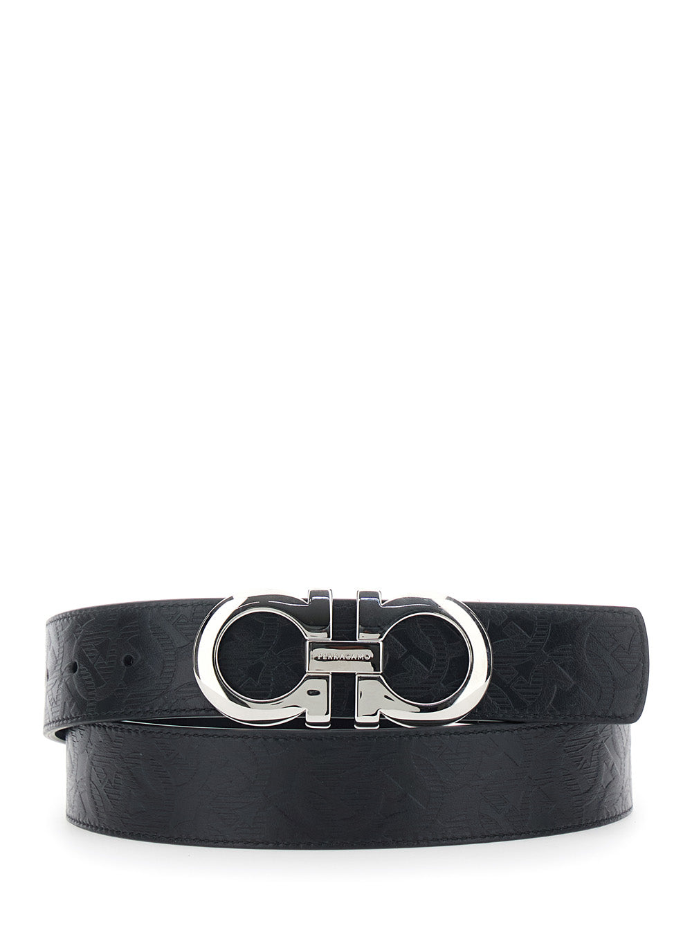 Ferragamo Men Black Reversible Belt With Gancini Buckle Closure In Grained Leather For Men