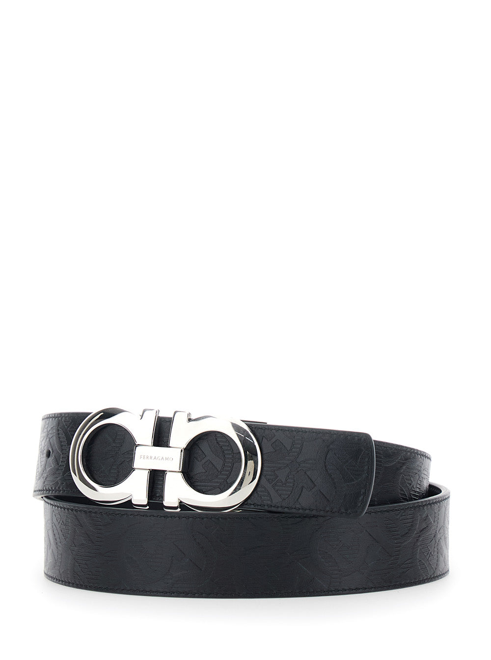 Ferragamo Men Black Reversible Belt With Gancini Buckle Closure In Grained Leather For Men