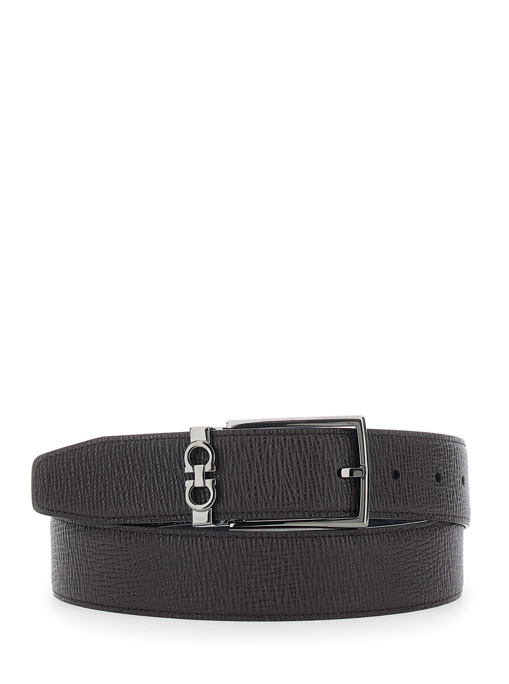Ferragamo Men Brown Reversible Belt With Gancini Buckle In Grained Leather Men