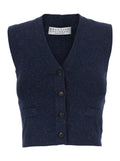 Brunello Cucinelli Women Blue Vest With V-Neck And Two Flap Pockets On The Front In Cashmere Blend For Women