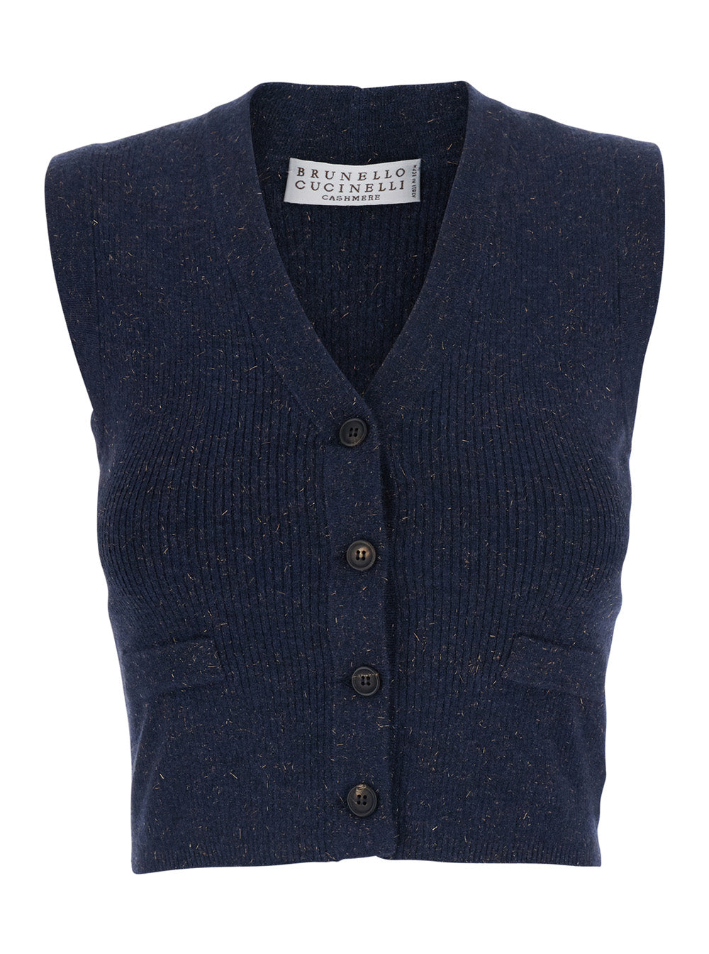 Brunello Cucinelli Women Blue Vest With V-Neck And Two Flap Pockets On The Front In Cashmere Blend For Women