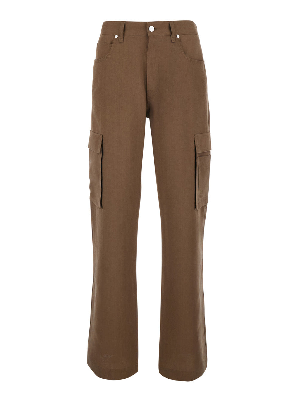 Fendi Men Brown Cargo Pants With Ff Plate On The Pocket In Linen For Men