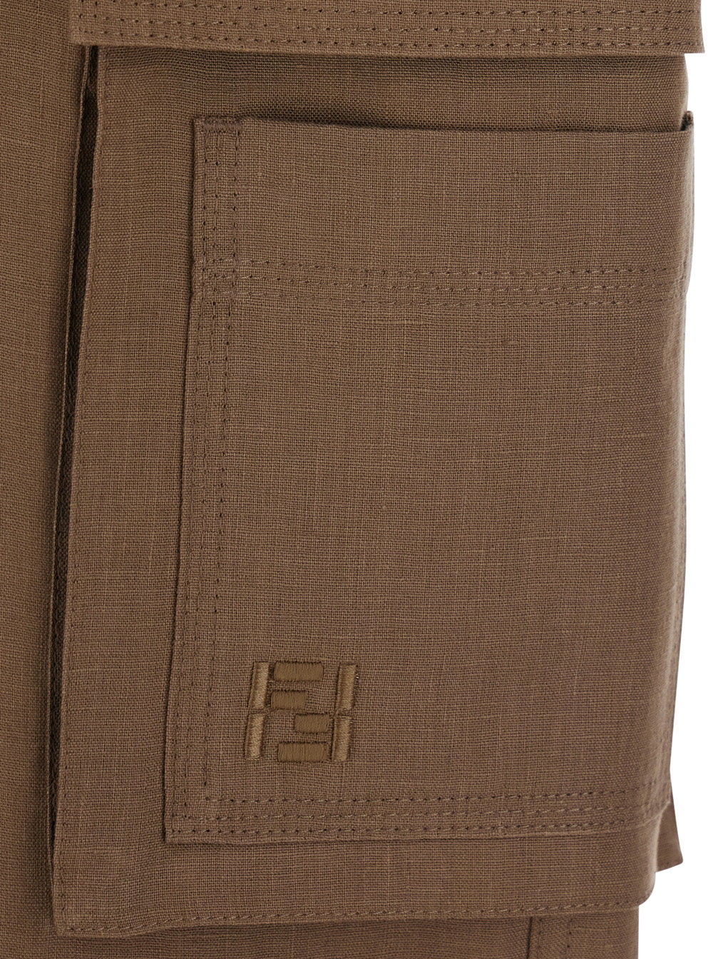 Fendi Men Brown Cargo Pants With Ff Plate On The Pocket In Linen For Men