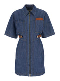 Fendi Women Blue Dress With Classic Collar And Leather Logo Patch On The Front In Denim For Women