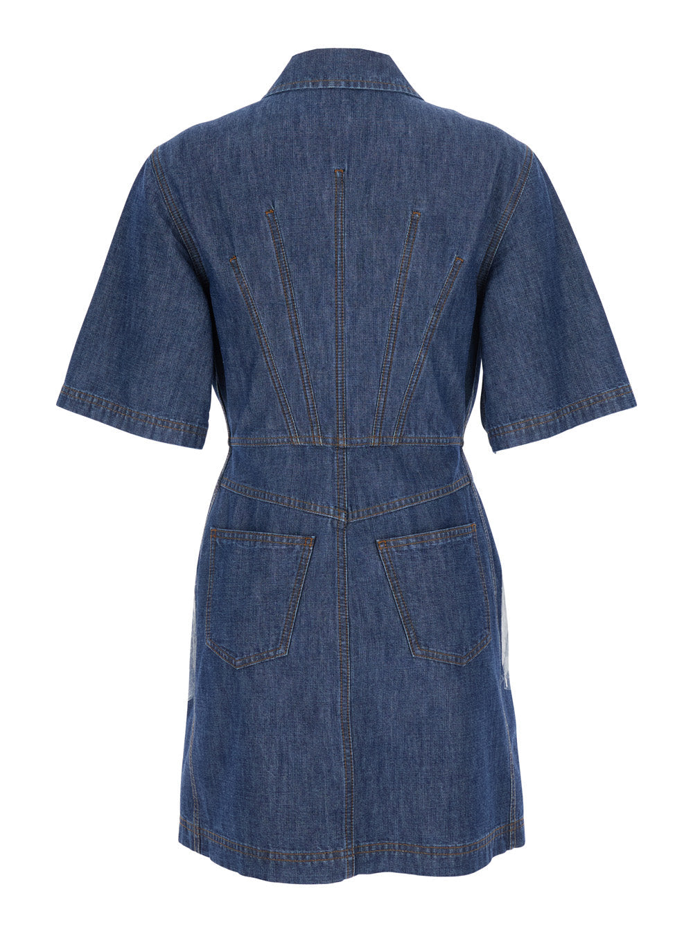 Fendi Women Blue Dress With Classic Collar And Leather Logo Patch On The Front In Denim For Women