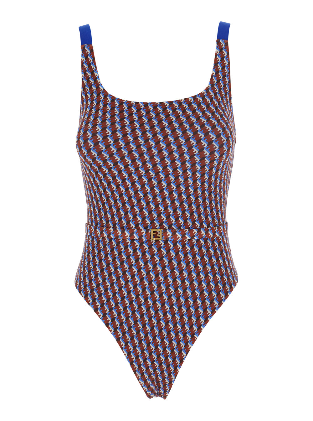Fendi Women Multicolor One-Piece Swimsuit With All-Over Ff Motif And Ff Plate Belt In Tech Fabric For Women