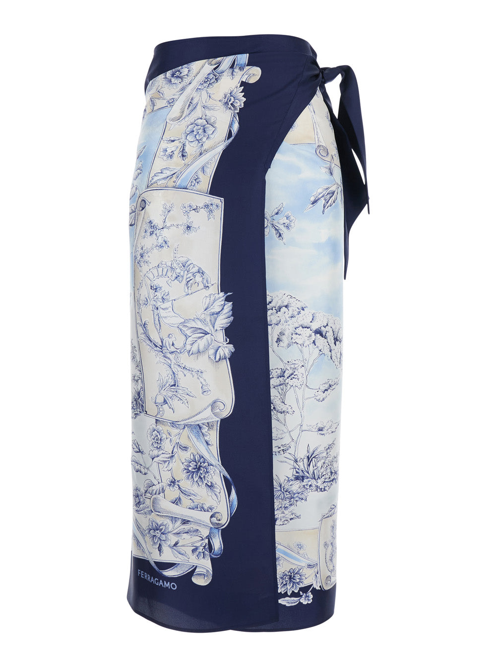 Ferragamo Women Blue Wraparound Skirt With Drawstring Waist Closure And All-Over Print In Silk For Women