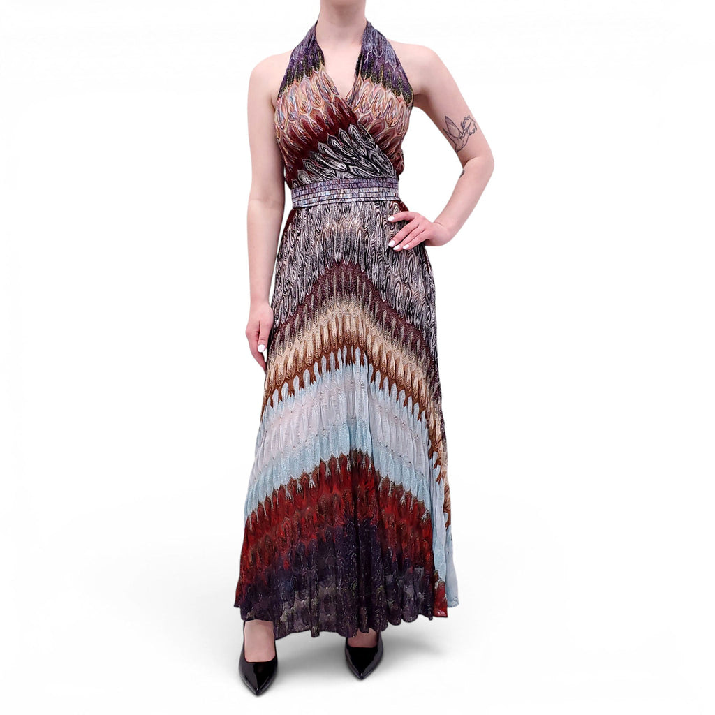 MISSONI MULTICOLOURED WRAP EFFECT CROCHET-KNIT HALTER MAXI DRESS - SIZE 40