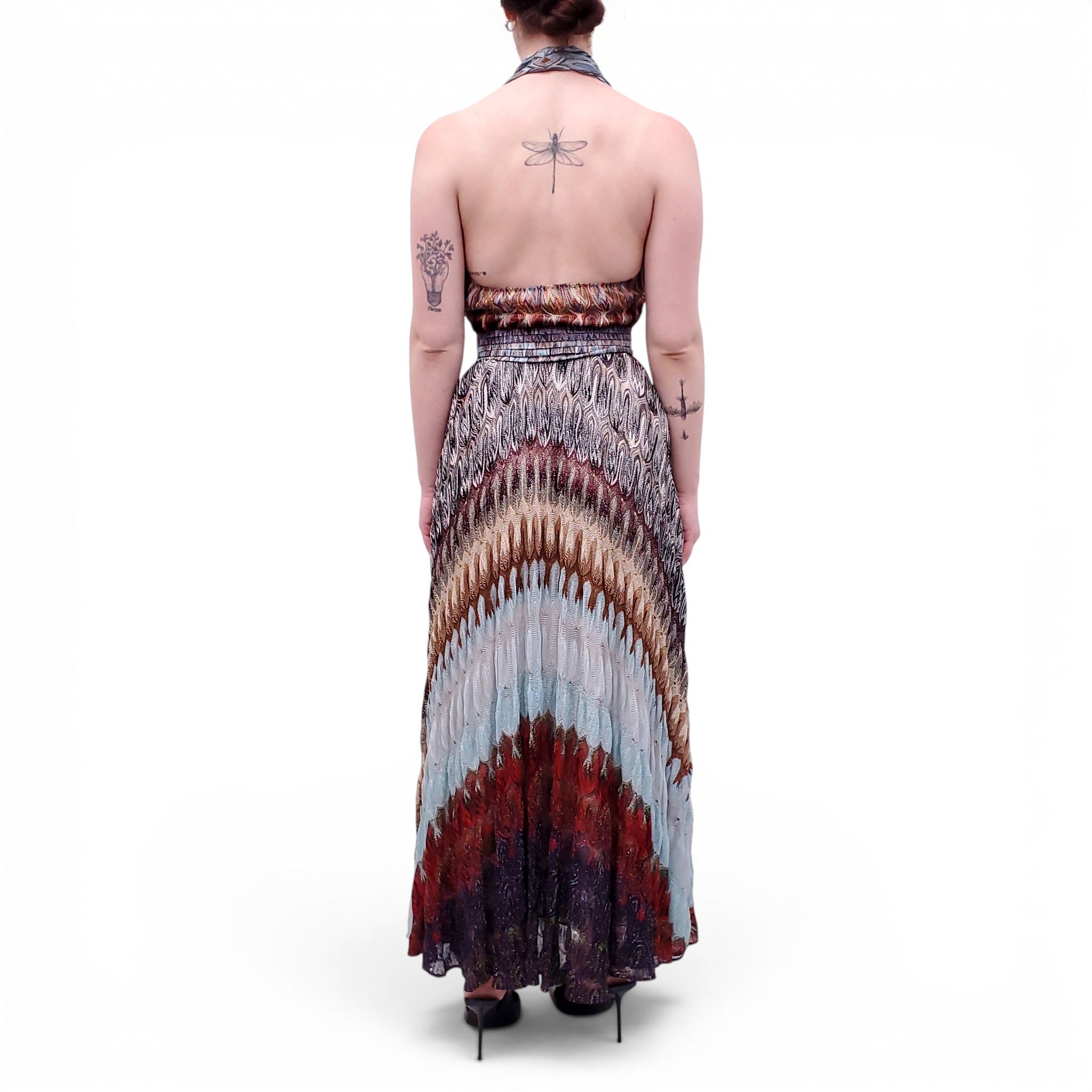 MISSONI MULTICOLOURED WRAP EFFECT CROCHET-KNIT HALTER MAXI DRESS - SIZE 40