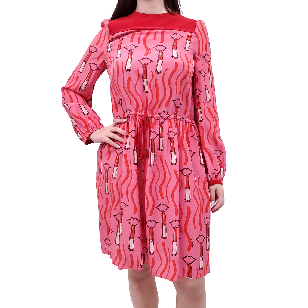 VALENTINO PINK LIPSTICK PATTERNED SILK CREPE DRESS - SIZE 44
