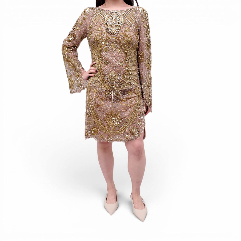 EMILIO PUCCI RUNWAY GOLD SEQUIN SKULL PATTERNED DRESS - SIZE 10