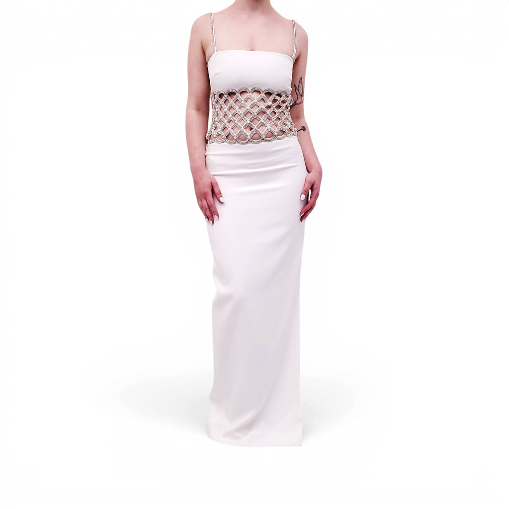 RETROFÊTE WHITE DRESS WITH CRYSTAL BEADING AND PEARL DETAILS - SIZE XS