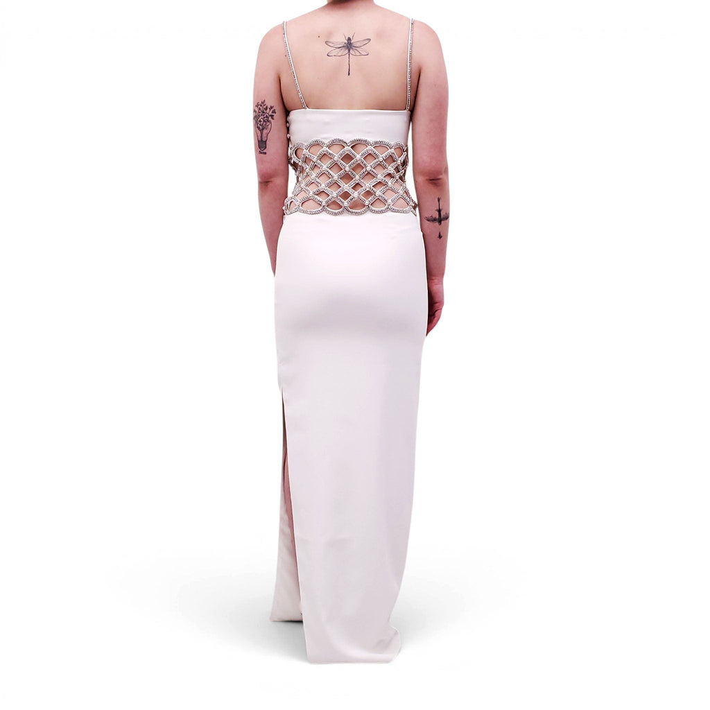 RETROFÊTE WHITE DRESS WITH CRYSTAL BEADING AND PEARL DETAILS - SIZE XS