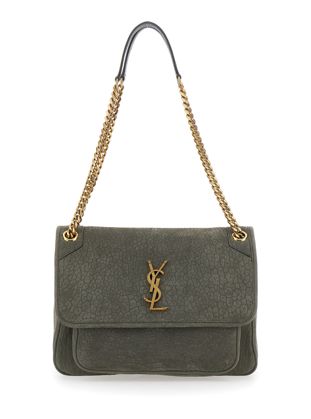 Saint Laurent Women 'Niki' Gray Shoulder Bag With Cassandre Plaque On The Front And Two Handles With Chain In Leather For Women