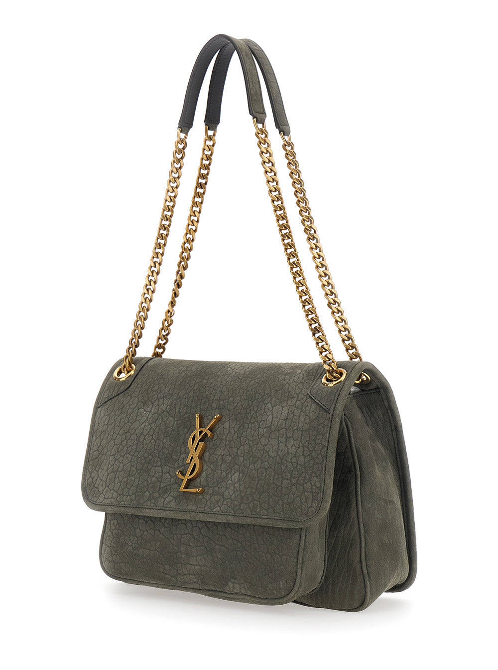 Saint Laurent Women 'Niki' Gray Shoulder Bag With Cassandre Plaque On The Front And Two Handles With Chain In Leather For Women