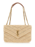 Saint Laurent Women 'Loulou' Beige Shoulder Bag With Cassandre Plaque On The Front In Raffia For Women