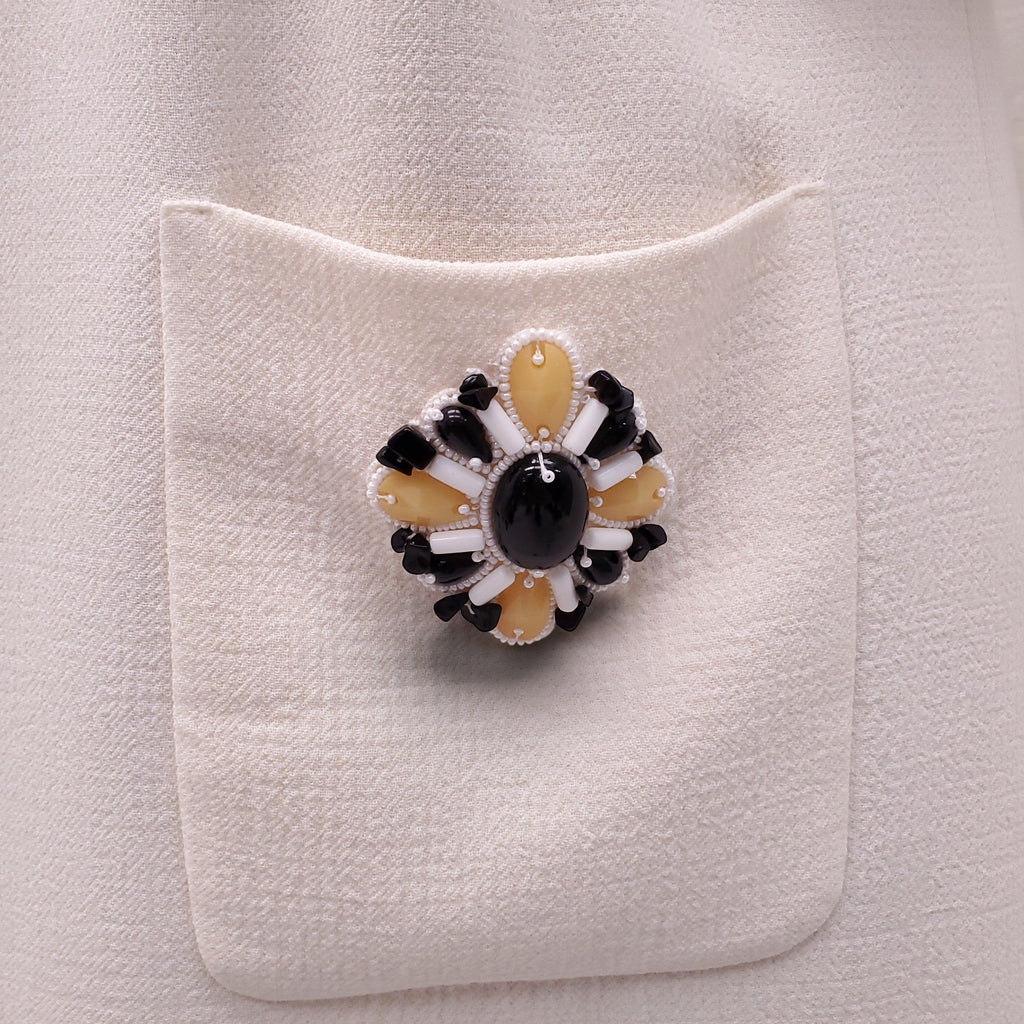 ANDREW GN CREAM DRESS WITH YELLOW AND BLACK BEADING - SIZE 42
